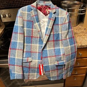 H&M Blue and Red Sport Coat with Plaid Design